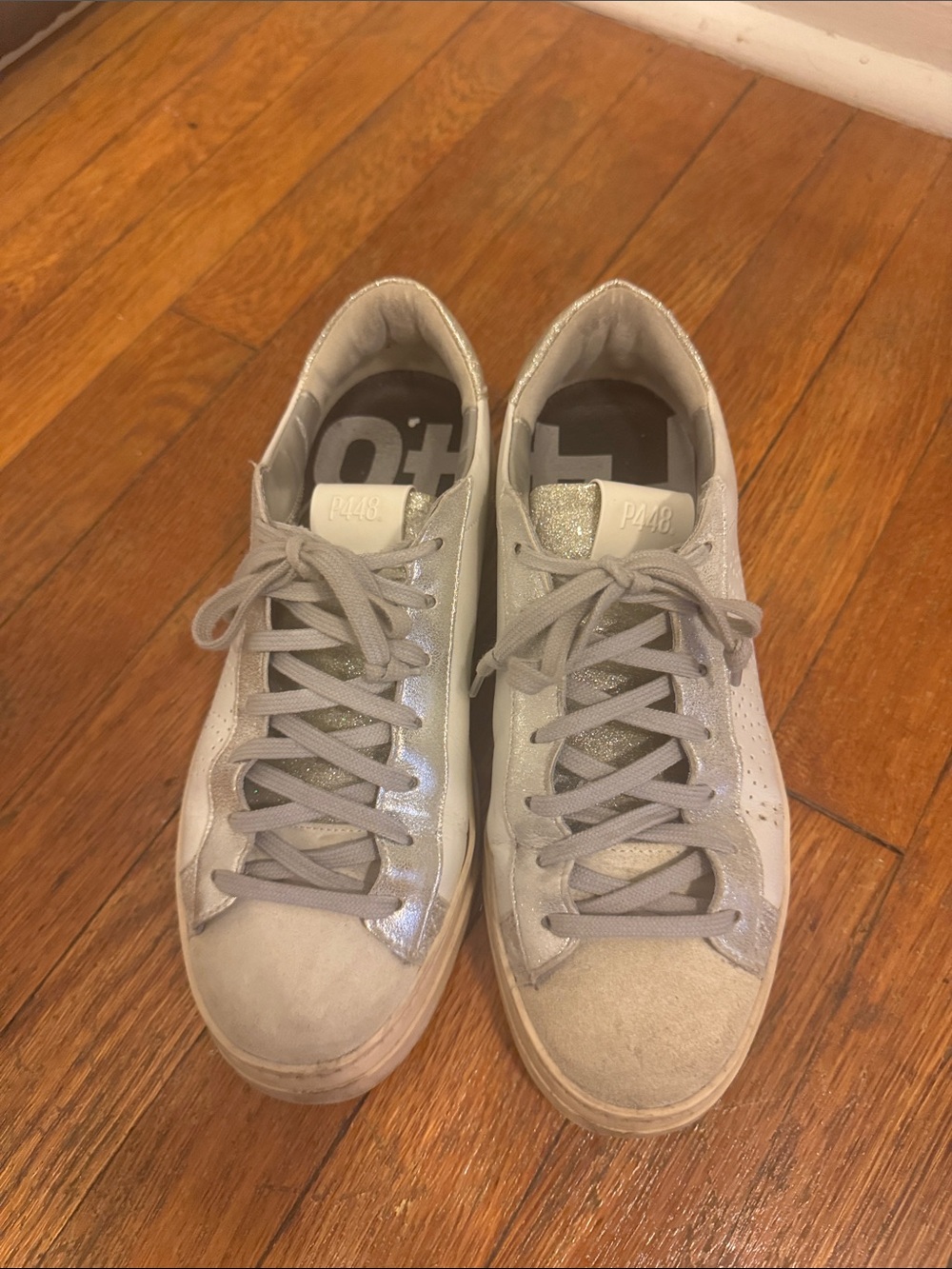 P448 women’s Low-Top Sneakers in Light Gray/ White with Metallic Accents